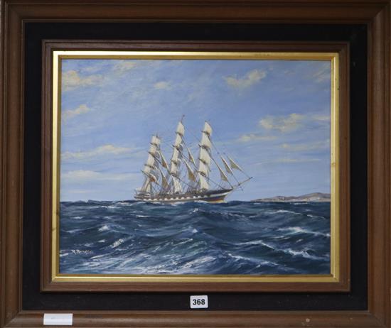 R. Bromley, oil on board, Three master off the coast, signed, 40 x 50cm